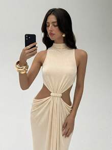 Aloruh Women's Spring/Summer Braided Apricot Sleeveless Hollow-Out Straight Dress - Apricot - View 5