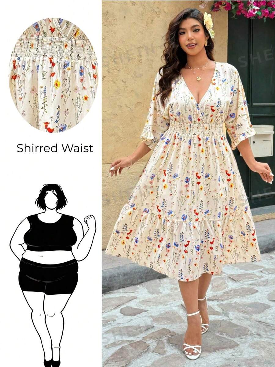 Breezaya 大码女士浪漫碎花V领收腰A字宽松休闲连衣裙 - 彩色 - 查看 1