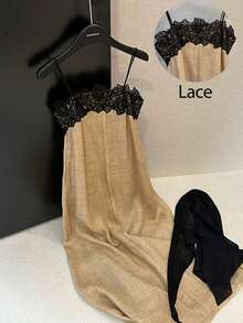 Serisse 女士蕾丝拼接撞色无肩带中长度假连衣裙 - 杏色 - 查看 8