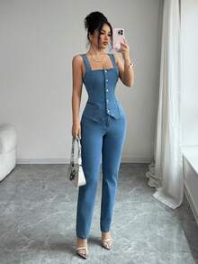 Elenzga 女士休闲牛仔套装，单排扣不对称下摆上衣搭配长裤，适合日常穿着 - 藍色 - 查看 7