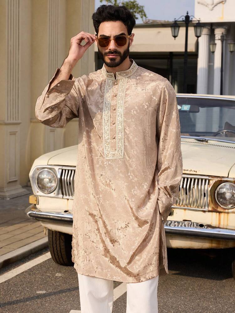 Apricot Collar Decor Long Sleeve Middle Eastern Style Men's Shirt, Spring Summer