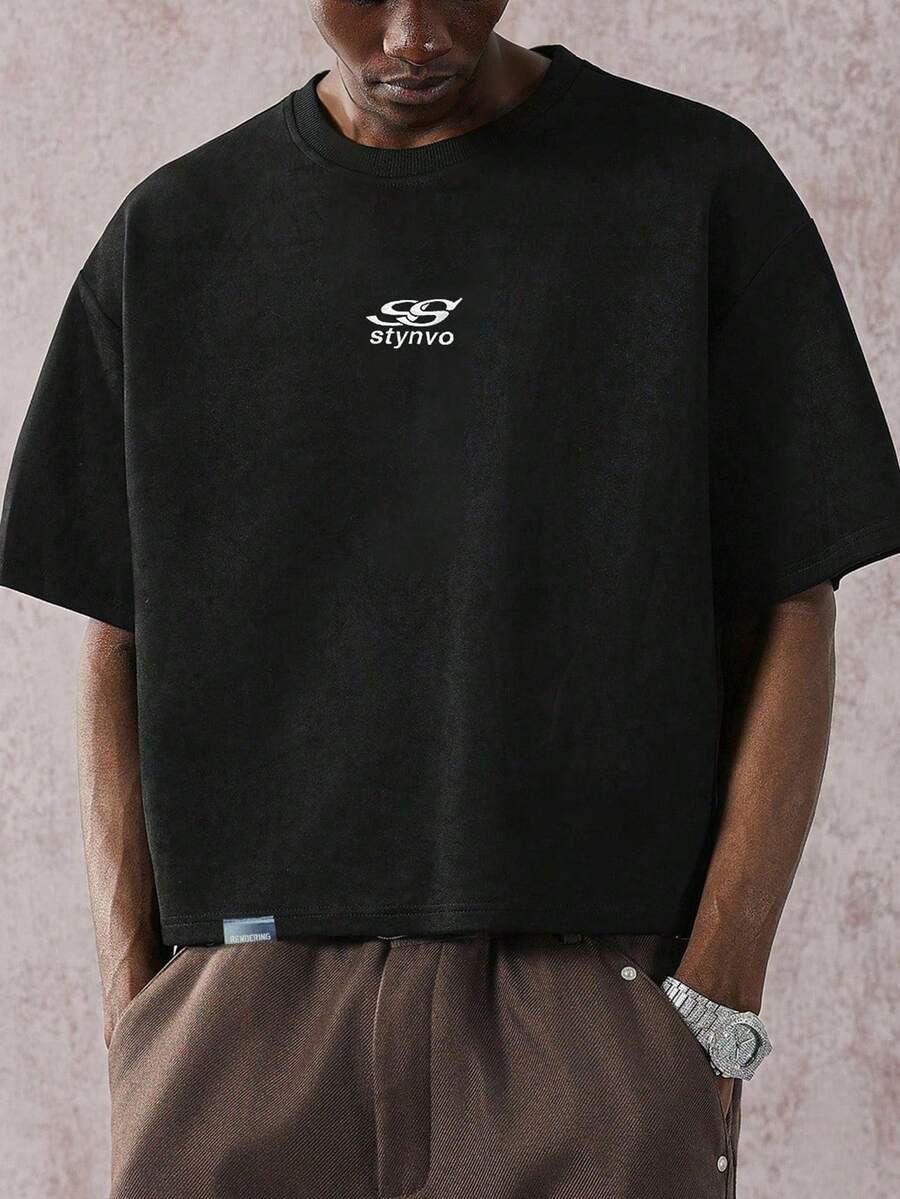 STYNVO 男士字母印花圆领休闲短袖T恤 - 黑色 - 查看 1