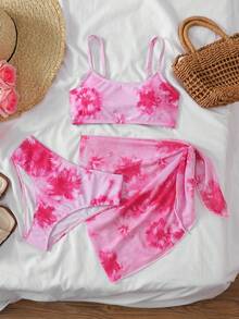 SHEIN 少女夏季柔软印花三件套泳衣，适合海滩、度假村、夏威夷度假、休闲、时尚、百搭、派对、户外、姐妹合照、公园、露营、假日、日常休闲等场合。 - 粉色 - 查看 3