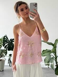 Aloruh 女士亮片花卉图案休闲吊带背心，夏季海滩度假必备，波西米亚风热带度假风，Y2K 2000年代风格，Y2K上衣，Y2K演唱会女装，锐舞音乐节，乡村音乐会，伊比沙岛，纳什维尔，西部风情女装，波西米亚街头风，热带辣妹风，可爱夏季上衣，粉色亮片吊带背心 - 粉色 - 查看 3