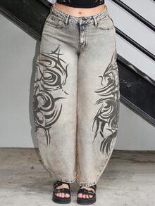 Arliah 时尚休闲街头风复古印花阔腿牛仔裤 - 中等水洗藍 - 查看 4