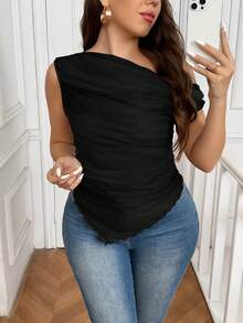SHEIN Frenchy Áo lưới xếp ly bất đối xứng màu đen dành cho nữ cỡ lớn, phong cách nghỉ dưỡng, thích hợp cho các lễ hội âm nhạc, mang hơi hướng lãng mạn và giản dị kiểu Pháp. - màu đen - Xem 4
