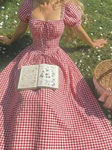 SHEIN MOD Women's Red & White Plaid Waist Tie Puff  Sleeve Dress,Spring /Summer Outfits Women, Vacation Outfits Women,Party , Wedding Guest Dress For Women, Garden Party ,  Elegant Party, Wedding Guest Party Set,Going Out Outfits,Beach,Beach Dresses ,Summer Holiday Outfits ,Festival Dress, Picnic Dress, Spring Dress,Prom Dresses,Graduation Dress, Birthday Dress ,Ruffle Dress - Red and White - View 3