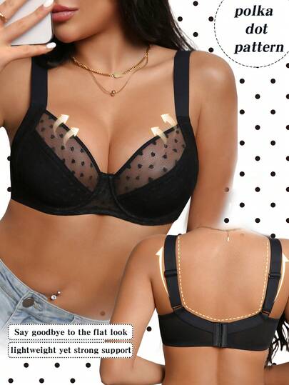 DesireSculpt 1pc Women's Black Polka Dot Jacquard Underwire Bra With Comfortable Wide Straps