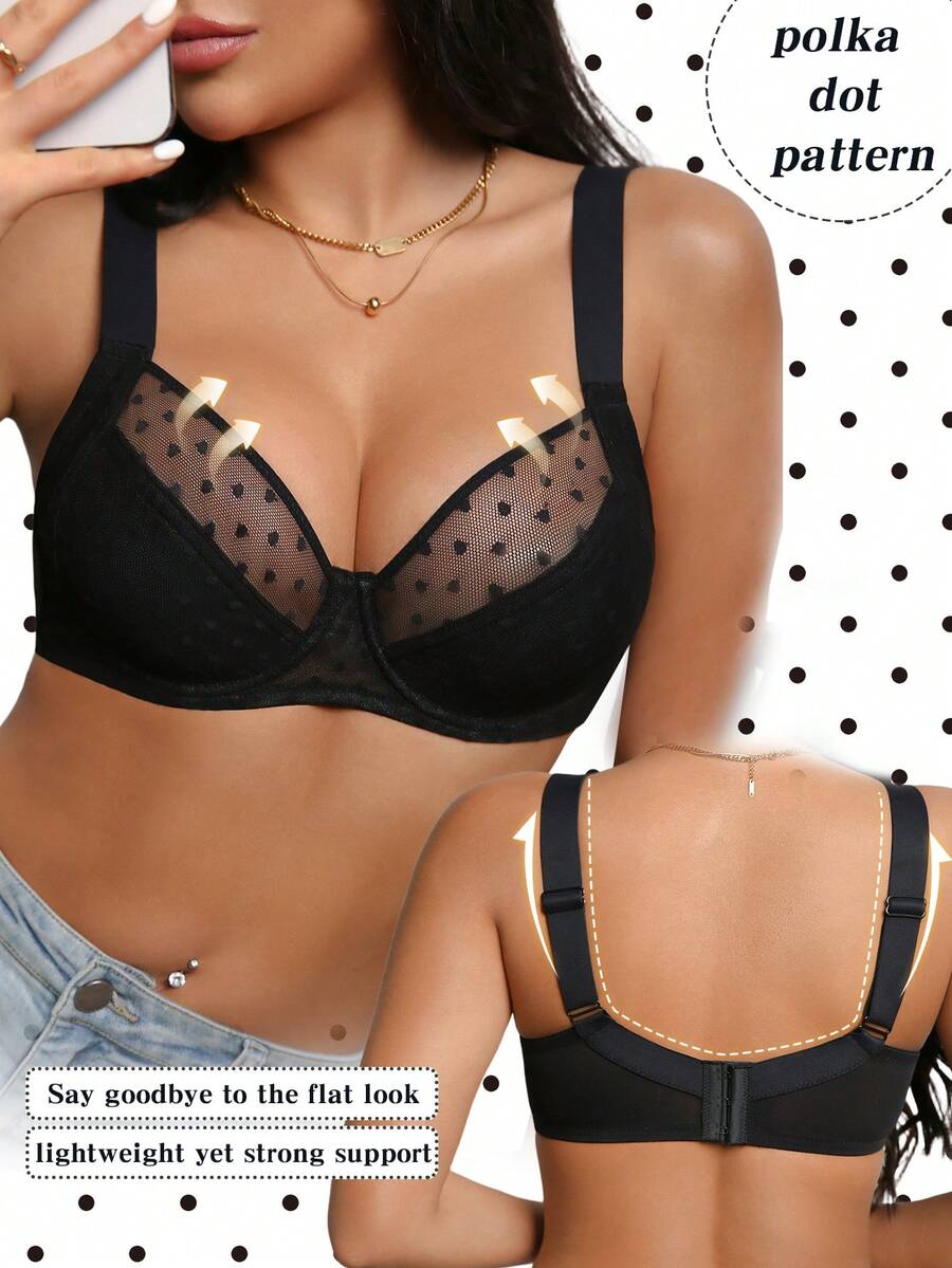 DesireSculpt 1 pieza Sujetador con aros de mujer con lunares negros de jacquard y tirantes anchos cómodos - Negro - Ver 1