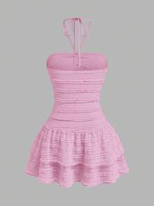 Sweetra Plus Size Women's Light Pink Cute Summer Holiday Vintage Vacation Dress,Textured Backless Double Layered Ruffle Hem Pleated Neckline Wedding Party - Pink - View 2