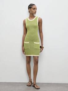 Maija Women's Contrast Color Round Neck Sleeveless Hollow Knitted Dress,Green Casual Body Fitting Summer Holiday Vacation Outfits With Dual Pocket,Autumn - Green - View 3