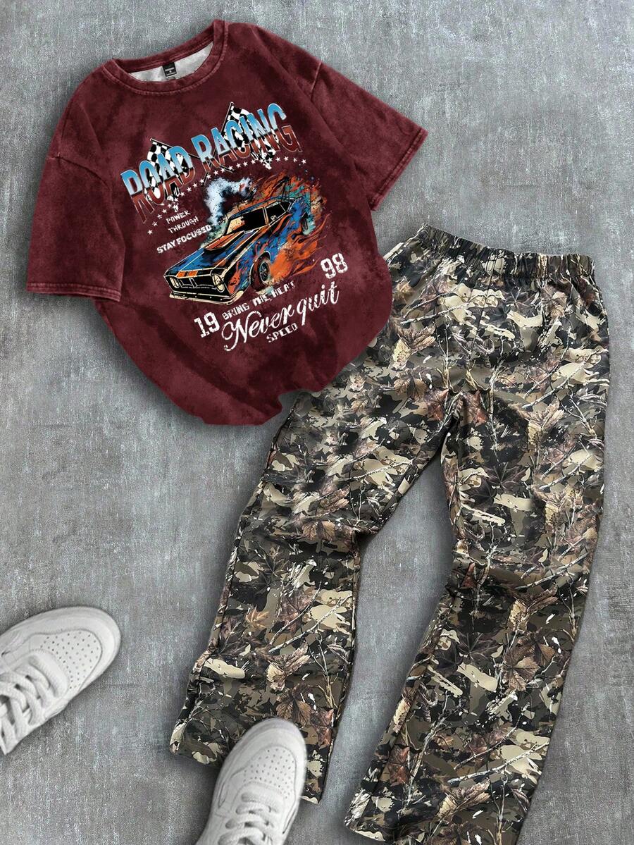 Conjunto de 2 piezas para niño preadolescente: Camiseta de manga corta con estampado gráfico de estilo casual Y2K y pantalón de chándal acampanado, adecuado para primavera/verano y otoño/invierno - Blanco - Ver 1