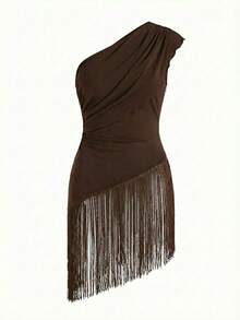 COSMINA 女士优雅单肩不对称领口流苏下摆上衣，适合约会、音乐节、派对等场合，棕色女士上衣，夏季服装 - 棕色 - 查看 6