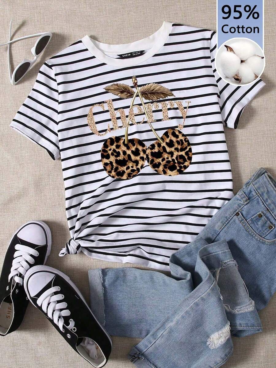 SHEIN EZwear 95%纯棉女士豹纹樱桃印花圆领休闲短袖T恤 - 彩色 - 查看 1