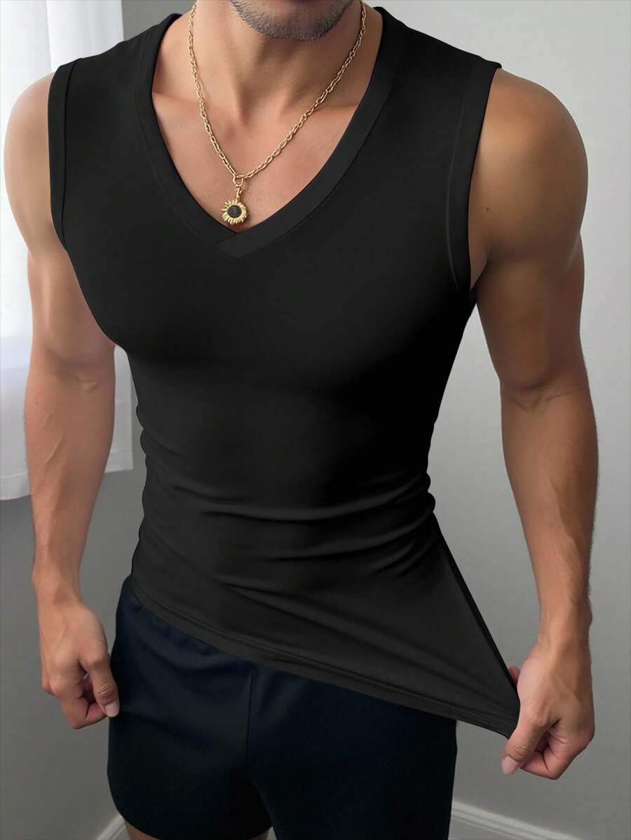 Manfinity Dauomo 男士无袖黑色背心，夏季时尚 - 黑色 - 查看 1