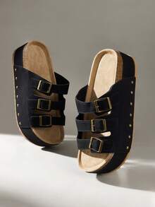Sandal đế xuồng cao 6.5cm màu đen, đính đinh tán, thời trang và năng động với quai điều chỉnh được, thoải mái khi đi làm, đi học và đi chơi ngoài trời. - màu đen - Xem 6