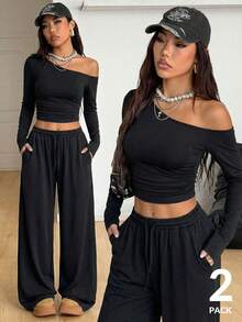Coolane Women's Daily Wear Essentials Knit Stretchy Comfy Asymmetrical Neck Long Sleeve Tops And Wide Leg Sweatpants Tracksuit Two Pieces Outfits 2 Pc Women Outfits Casual 2 Piece Set Pants Set Two Piece 2 Piece Outfit Woman 2 Piece Outfits - Black - View 7