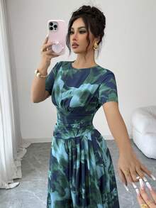 Elenzga Women's Summer Beach Vacation Floral Print Ruched Waist Dress - Green - View 5