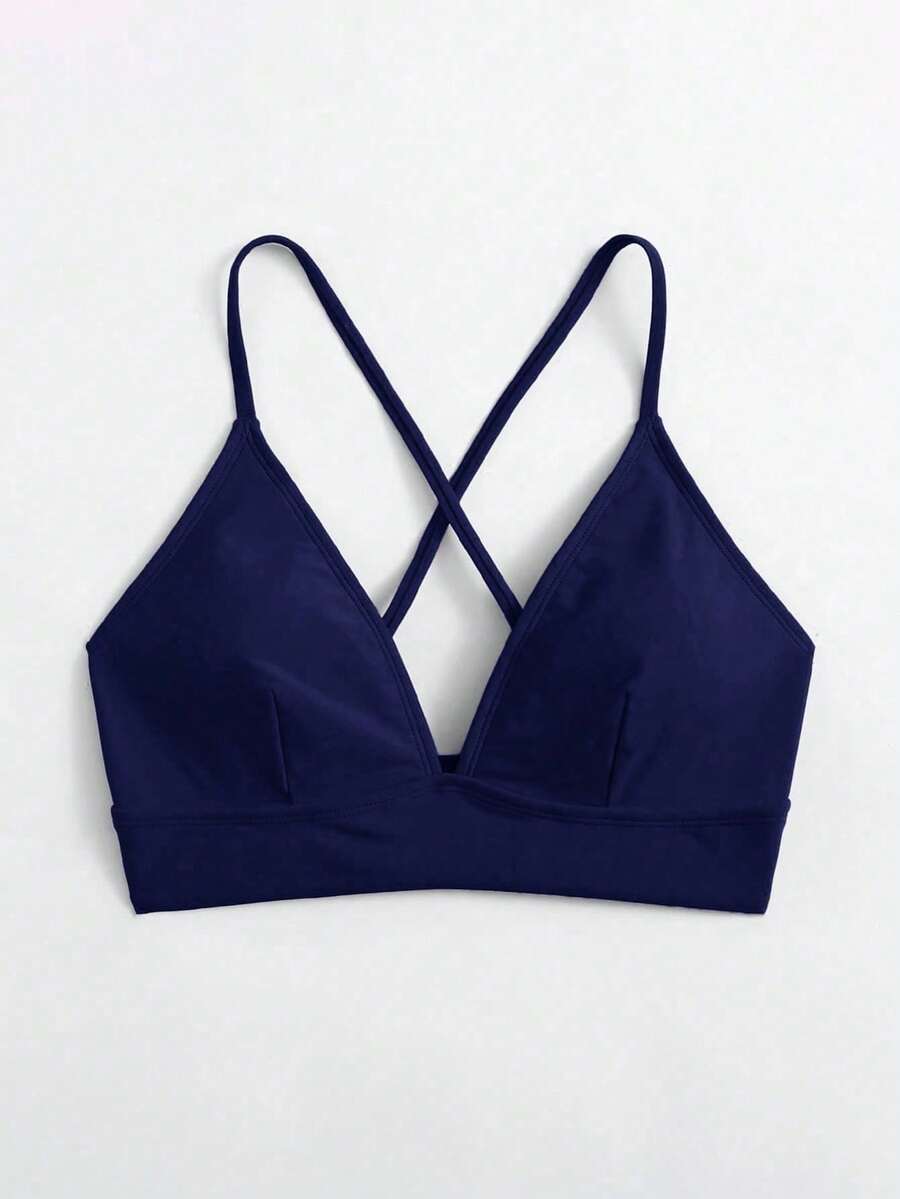 Swim Basics Women's Solid Color Criss-Cross Sexy Bikini Top, Summer Beach - Navy Blue - View 1