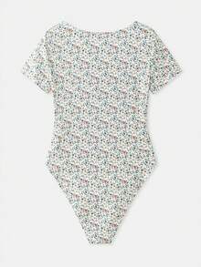 lacRébo Ditsy Floral Print Rib Bodysuit With Button Front Detail Spring Summer Casual Boho French Style Parisian Style - Multicolor - View 9