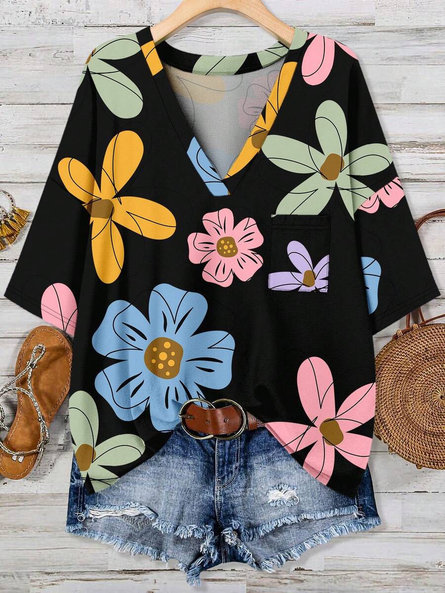 EMERY ROSE Áo thun cỡ lớn in họa tiết hoa, kiểu dáng thoải mái, thích hợp cho kỳ nghỉ hè. - màu đen - Xem 1