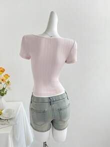 Women's Casual Pink Heart Striped Ruffle Floral Short Sleeve T-Shirt, Sweet And Versatile For Daily Wear, Summer - Baby Pink - View 2