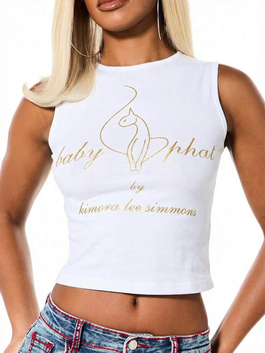 BABYPHAT Sleeveless Tank Top With Gold Glitter Cat Print Script Text Design Crew Neck - White - View 1
