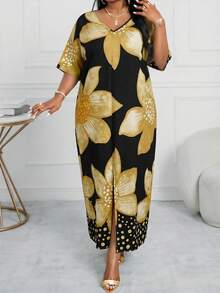 SHEIN Lady 春夏休闲优雅波西米亚风黑色编织V领直筒束腰连衣裙卡夫坦长款加大码连衣裙复活节连衣裙女士春季服装女士度假服装女士沙滩服装女士沙滩度假连衣裙婚礼宾客连衣裙女士商务休闲女士舞会礼服 - 彩色 - 查看 3