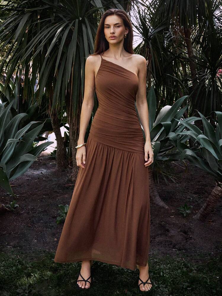 SHEIN Maija Women's Elegant Shades Of Brown One Shoulder Mesh Ruched Dress,Seksi Chic Summer High Slit Backless Wedding Guest Party Dress,Vacation Festival Dress