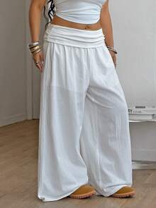 Coolane 女士加大码春夏乡村音乐会外出海滩装扮波西米亚风简约水洗100%纯棉白色弧形裤脚长裤 - 白色 - 查看 5