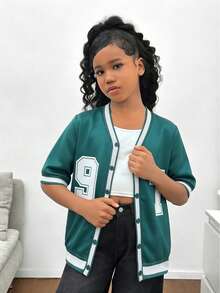 SHEIN Chaqueta verde deportiva informal de estilo casual para niñas preadolescentes, chaqueta suelta y delgada con estampado de letras, adecuada para uso diario, al aire deportivo - Verde - Ver 4