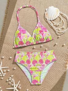SHEIN 少女比基尼套装，黄粉贝壳印花，针织面料，两件式泳衣，时尚休闲优雅，适合游泳、度假和夏季穿着。 - 彩色 - 查看 1