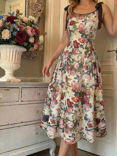 SHEIN MOD Plus Size Crew Neck Sleeveless Contrast Trim Bow Decor Waist Flare Hem Khaki Casual Dress