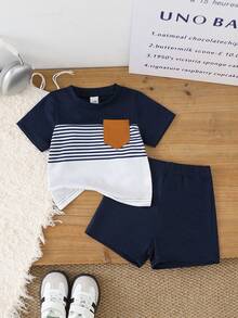 SHEIN 男婴夏季海军蓝白条纹拼接短袖上衣短裤套装，修身舒适设计，适合日常外出、学校活动、家庭聚会、户外玩耍 - 藍色 - 查看 3