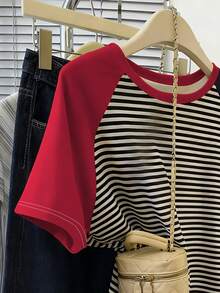 Resyla Women's Spring/Summer New Arrival Bestselling Striped Print Pattern Color Block Design Round Neck Short Sleeve T-Shirt - Multicolor - View 3
