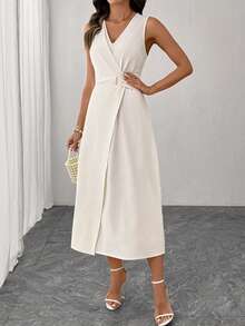 Uhlyne Women's Pleated Twist Design V-Neck Sleeveless Mid-Length Dress, Suitable For Spring, Summer, Autumn, Daily, Commute, Party, Date, Holiday - Apricot - View 6