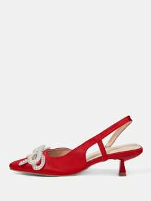 CUCCOO HITCHD Women's High Heel Pumps, Elegant & Luxurious Pointed Toe With Rhinestone, Pearl, Bow Tie & Chain Decor, Red Satin Bridal, Bridesmaid, Wedding Guest Party Shoes - Rose Red - View 2