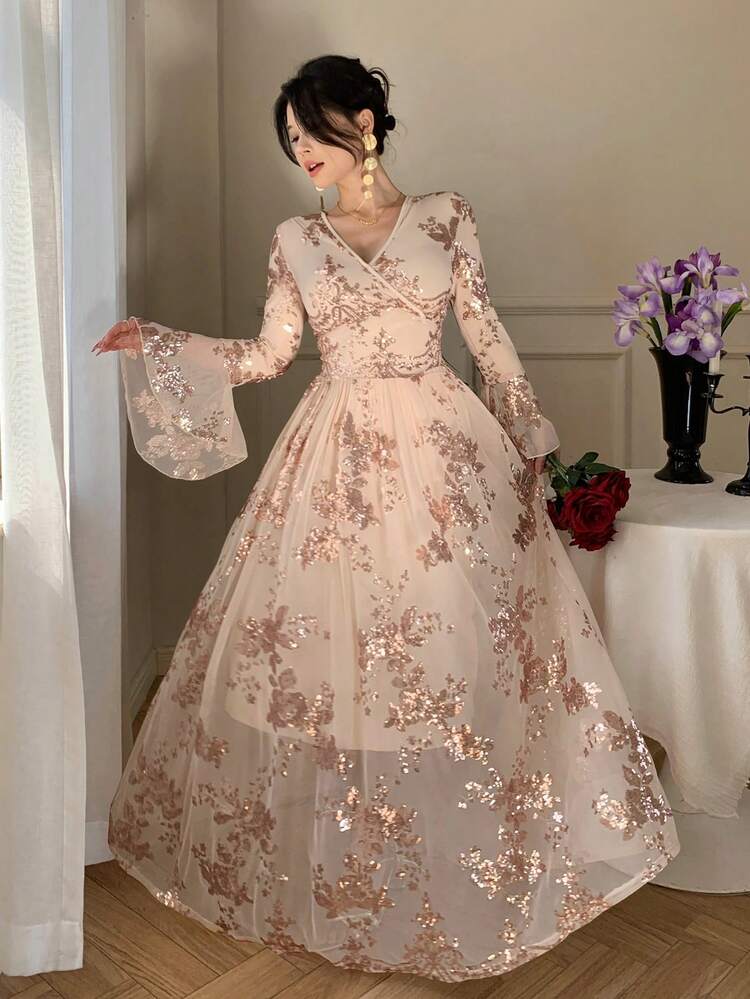 Spring & Summer Sequin Shiny Gold Floral Print Maxi Dress, Elegant For Valentine's Day, Wedding, Party, Banquet, Fashion Event, Flared Sleeves, Ruffle Hem, Waist Cinched, Mesh Long Sleeve, Mid-Length For Women Sundress