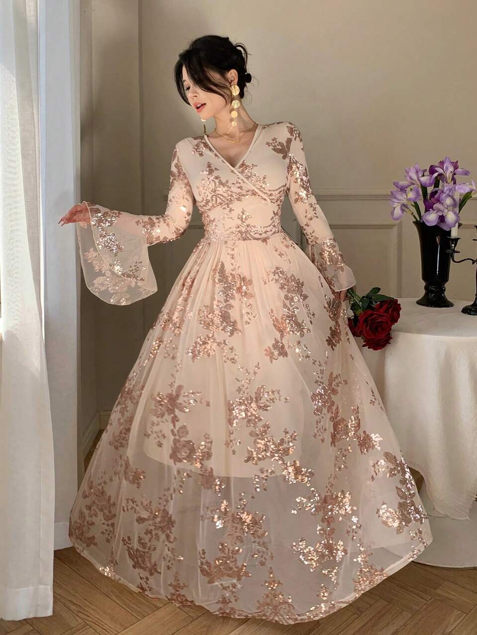 Women's Beige Autumn Elegant Sequin Shiny Gold Floral Print Maxi Dress,Dining,Wedding,Party,Banquet,Flared Sleeves,Ruffle Hem,Waist Cinched,Sundress