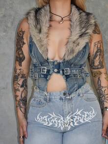 Arliah Y2K 女式可拆卸仿毛领牛仔夹克 - 藍色 - 查看 6