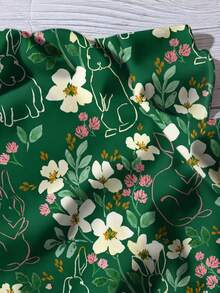 Mellowie Casual Minimalist Easter Bunny & Ditsy Floral Elegant Romantic Vintage Floral Pattern, Beach/Vacation Outfit, Summer Outdoor Women's V-Neck Button Down Flowy Sleeve Plus Size Shirt, Easter - Green - View 3