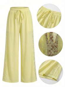 Vivid Eden Yellow Contrast Lace Wide Leg Pants, Casual Vacation - Yellow - View 7
