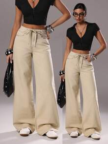 TRNVIE Fashionable Casual Vacation Style Rivet Lace-Up Low Waist Wide Leg Jeans - Khaki - View 8