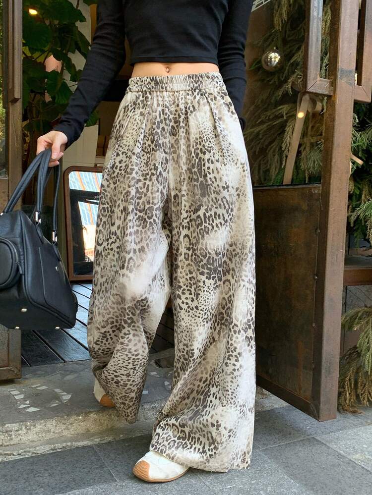 Women's Leopard Print Elastic Waist Loose Wide Leg Casual Pants