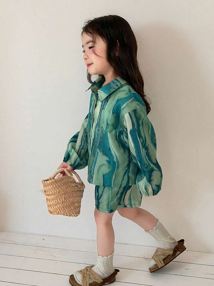 Baby Girl Ombre Vacation Style Spring/Summer Korean Long Sleeve Shirt Set