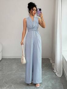 SHEIN Elenzya Bộ jumpsuit nữ thanh lịch màu xanh trắng kẻ sọc cổ chữ V, eo chéo, ống rộng, thích hợp cho mùa xuân/hè. - Xanh và trắng - Xem 9