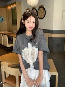 DAZY Women's Heart & Bow Print Short Sleeve T-Shirt, Casual Tee For Girls Summer - Grey - View 8