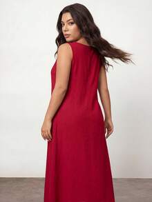 SHEIN Unity Plus Size Women Solid Color Sleeveless Casual Shift Dress With Pockets, Spring/Summer/Vacation, For Apple And Rounded Body Shape - Burgundy - View 2