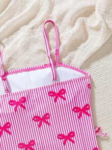 SHEIN 2026新款少女吊带背心套装，细肩带背心上衣和泳裤，品红色条纹蝴蝶结装饰，时尚休闲优雅淑女运动风，充满活力，适合游泳、海滩、泳池、拍照，也是圣诞节、新年、情人节、万圣节、愚人节的礼物佳选。 - 玫紅色 - 查看 6