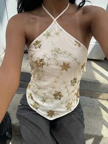 Siren Gaze 女士性感亮片刺绣露背吊带上衣，夏季 - 杏色 - 查看 5